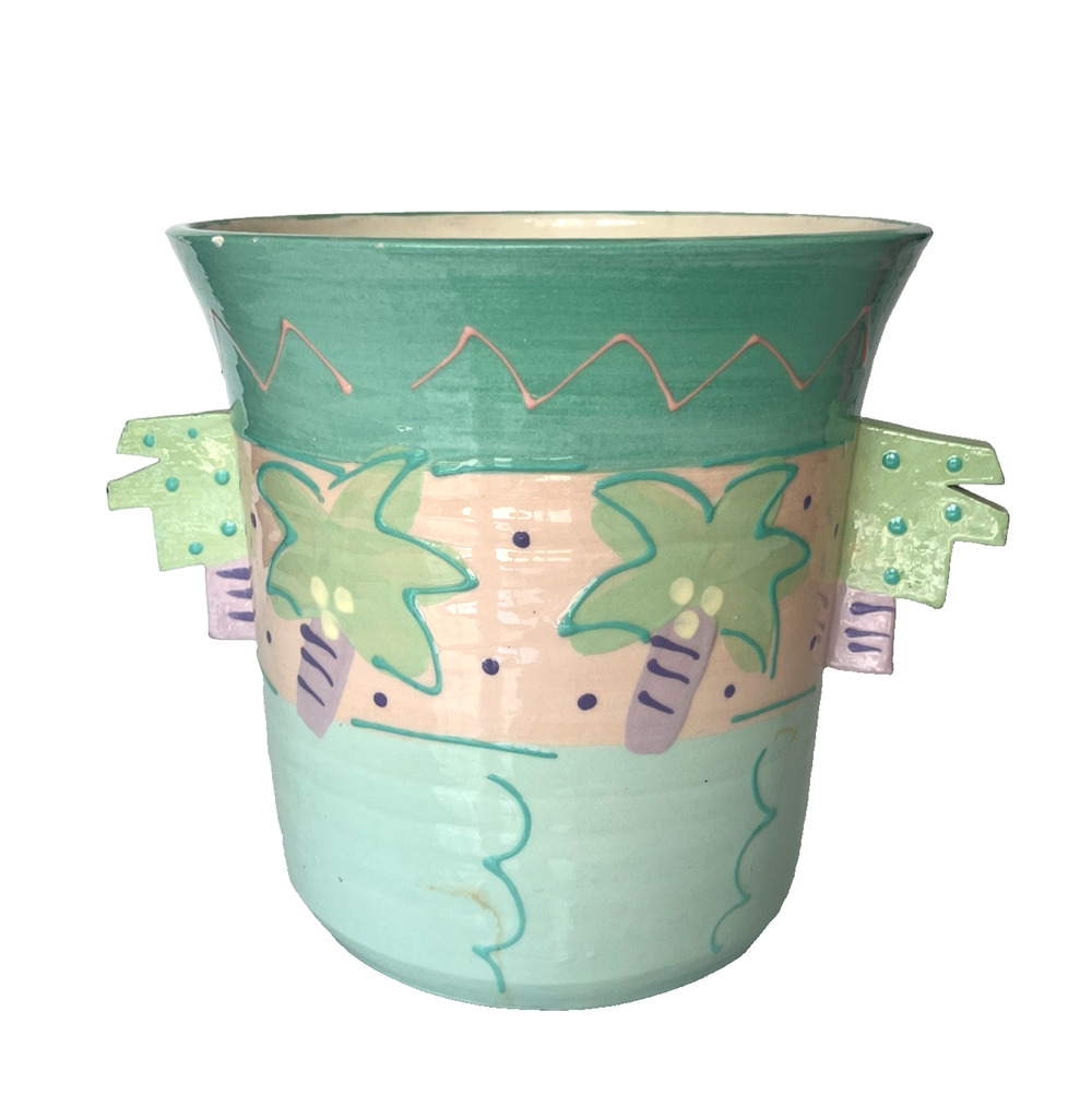 Vintage Susan Painter Studio Pottery 80's Art Vase Palm Tree Pastel Planter FL
